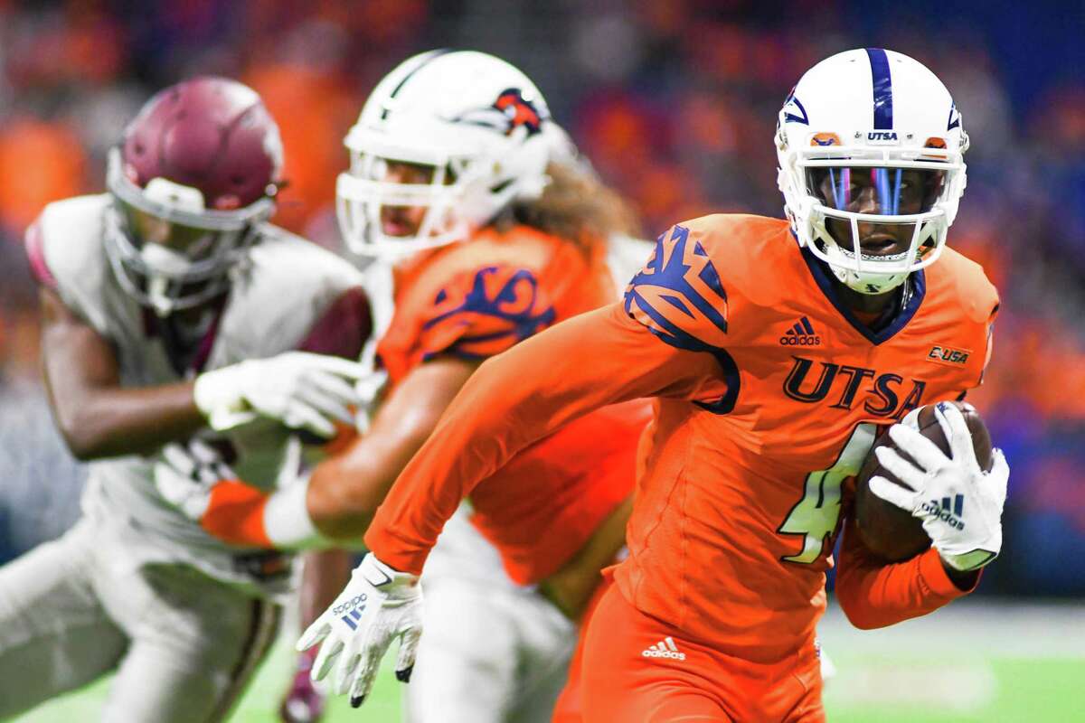 UTSA wide receiver Zakhari Franklin fights for a touchdown during the fourth quarter of Saturday’s game against Texas Southern at the Alamodome.