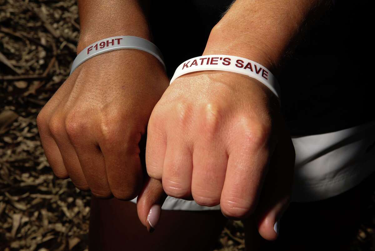 (From left to right): Senior defender Kennedy Wesley, 21, and fifth year midfielder Sierra Enge, 22, pose for a portrait as they wear bracelets stating ?’F19HT?“ and ?’KATIE?•S SAVE,?“ which is the foundation Katie Meyer?•s parents started at Stanford University on Tuesday, September 27, 2022, in Stanford, Calif. Meyer?•s jersey number was 19. Meyer, 22, was a goalie with the women?•s soccer team who committed suicide earlier this year. Katie?•s teammates also wear warmup jerseys that say Mental Health Matters on the back and have the suicide hotline number on their sleeve.