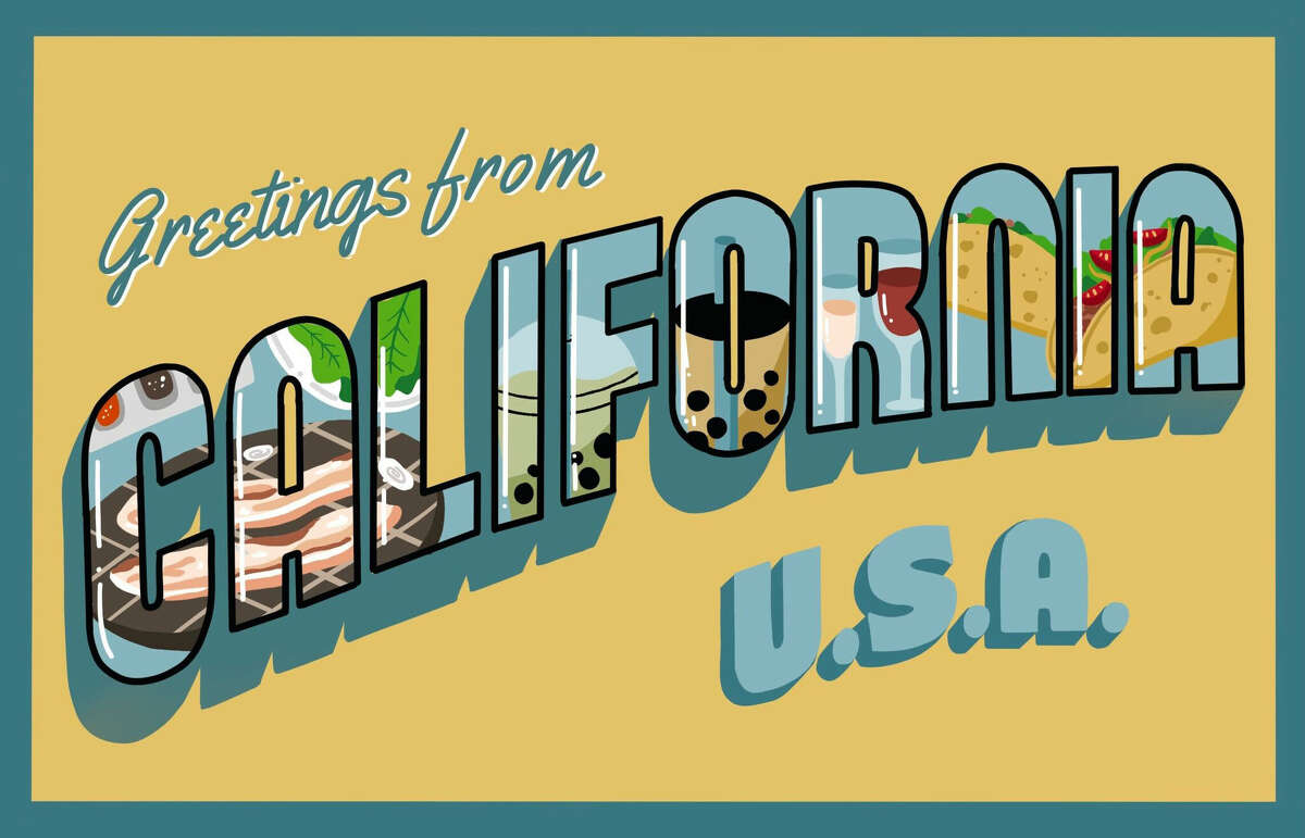 一张加利福尼亚明信片，展示了该州的一些新景点。