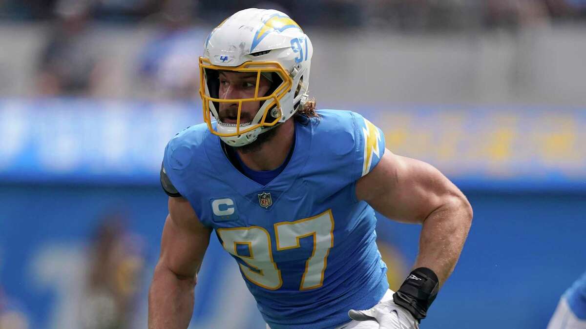 Los Angeles Chargers linebacker Joey Bosa during an NFL football game against the Jacksonville Jaguars in Inglewood, Calif., Sunday, Sept. 25, 2022. (AP Photo/Mark J. Terrill)