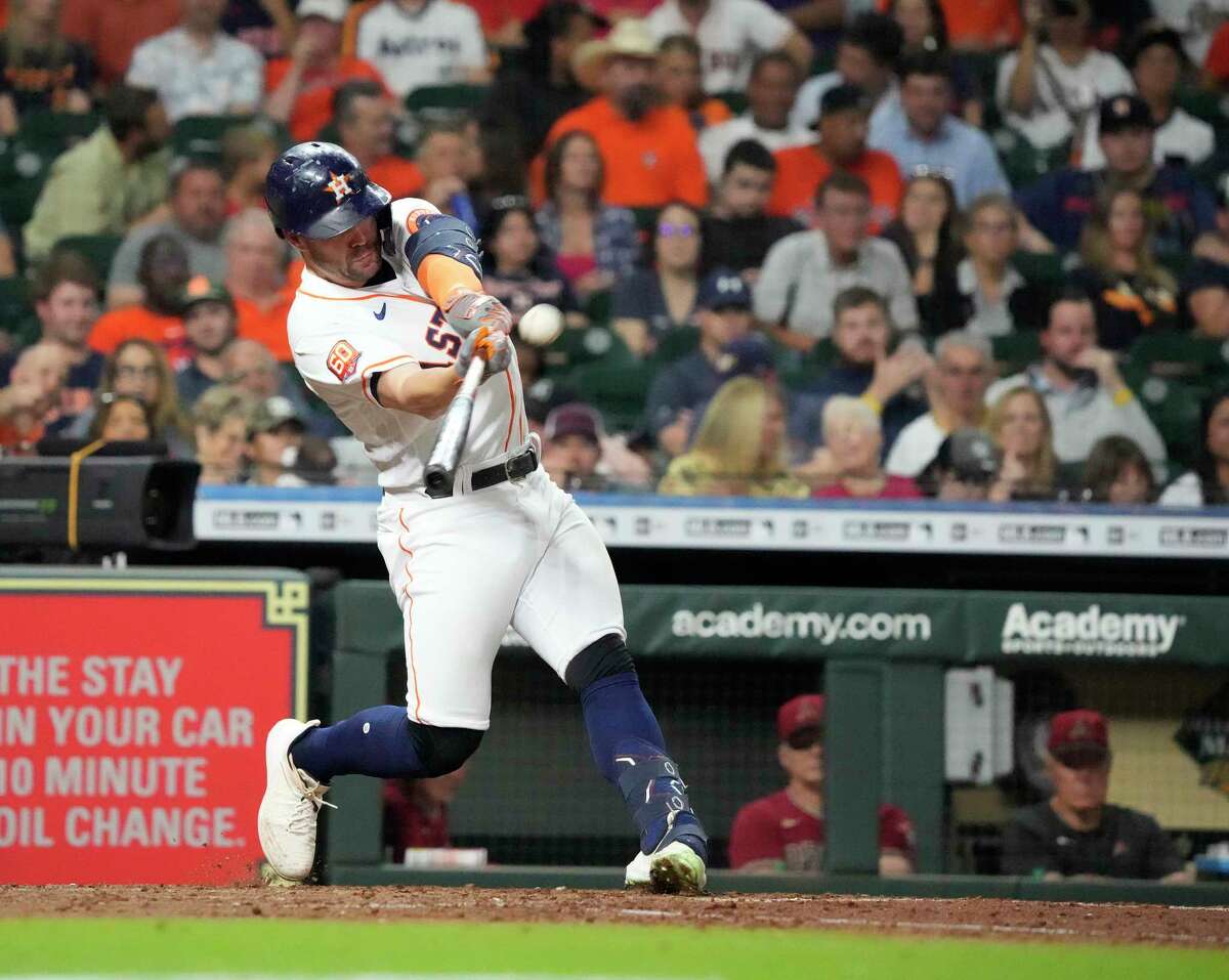 Chas McCormick drove in all the Astros' runs Wednesday with this two-run homer during the fifth inning of Houston's extra-inning loss to Arizona at Minute Maid Park.