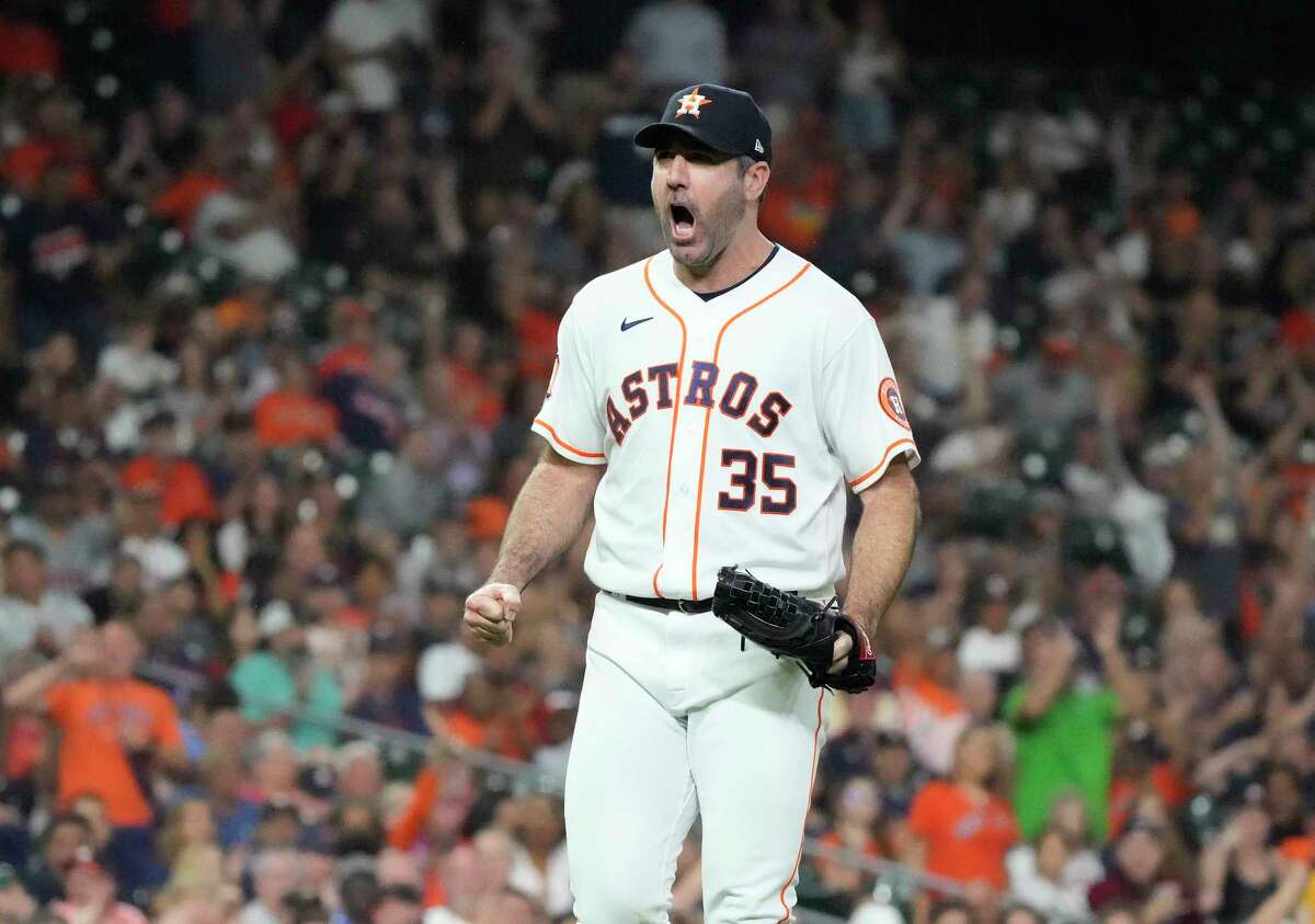Houston Astros starting pitcher Justin Verlander (35) reacts after striking out Arizona Diamondbacks Pavin Smith (26) to end the top of the seventh inning of an MLB baseball game at Minute Maid Park on Wednesday, Sept. 28, 2022 in Houston.