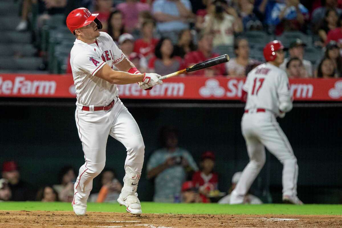 Los Angeles Angels of Anaheim rookie Mike Trout singles in All