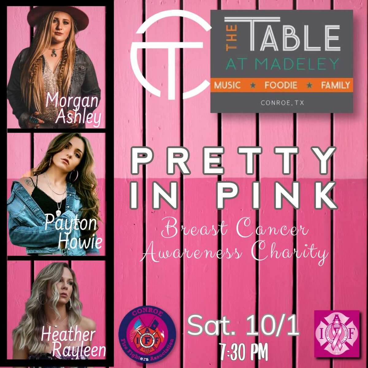 In honor of Breast Cancer Awareness Month in October, The Table at Madeley in Conroe is partnering with Conroe Professional Firefighters Association for a special charity concert event. It’s at 6:30 p.m. Saturday with opening act Payton Riley then at 7:30 p.m. Payton Howie, Morgan Ashley and Heather Rayleen present an all-female lineup.