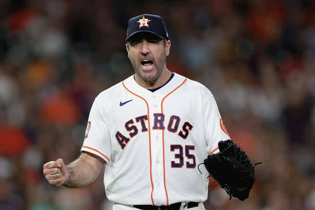 Justin Verlander #35 of the Houston Astros reacts to striking out Pavin Smith #26 of the Arizona Diamondbacks to get out of the seventh inning with two men on base at Minute Maid Park on September 28, 2022 in Houston, Texas. 