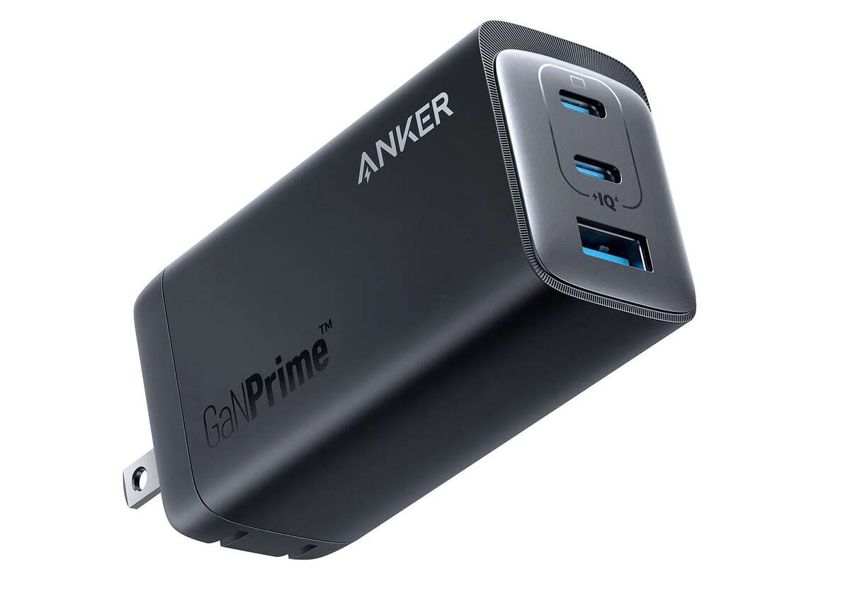 The Anker 737 GaNPrime charger has a total output of 120 watts. Its plug prongs fold up into the back. (Photo courtesy Anker)