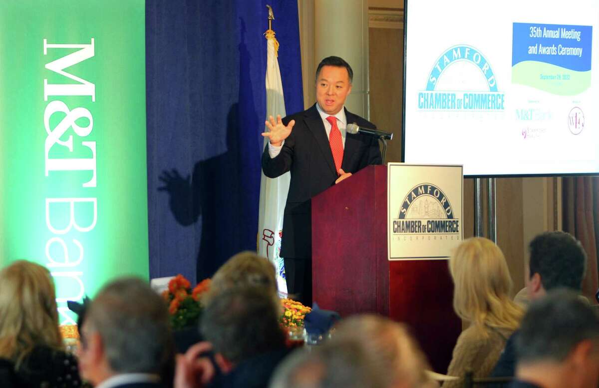 Connecticut Attorney General William Tong gives the keynote address at this year's annual meeting of the Stamford Chamber of Commerce at The Waters Edge at Giovanni's in Darien, Conn., on Thursday, Sept. 29, 2022.
