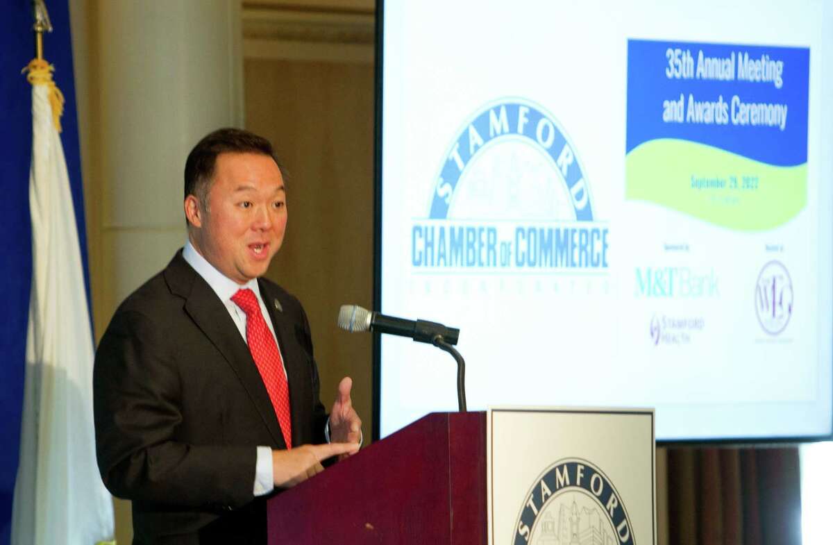 Connecticut Attorney General William Tong gives the keynote address at this year's annual meeting of the Stamford Chamber of Commerce at The Waters Edge at Giovanni's in Darien, Conn., on Thursday, Sept. 29, 2022.