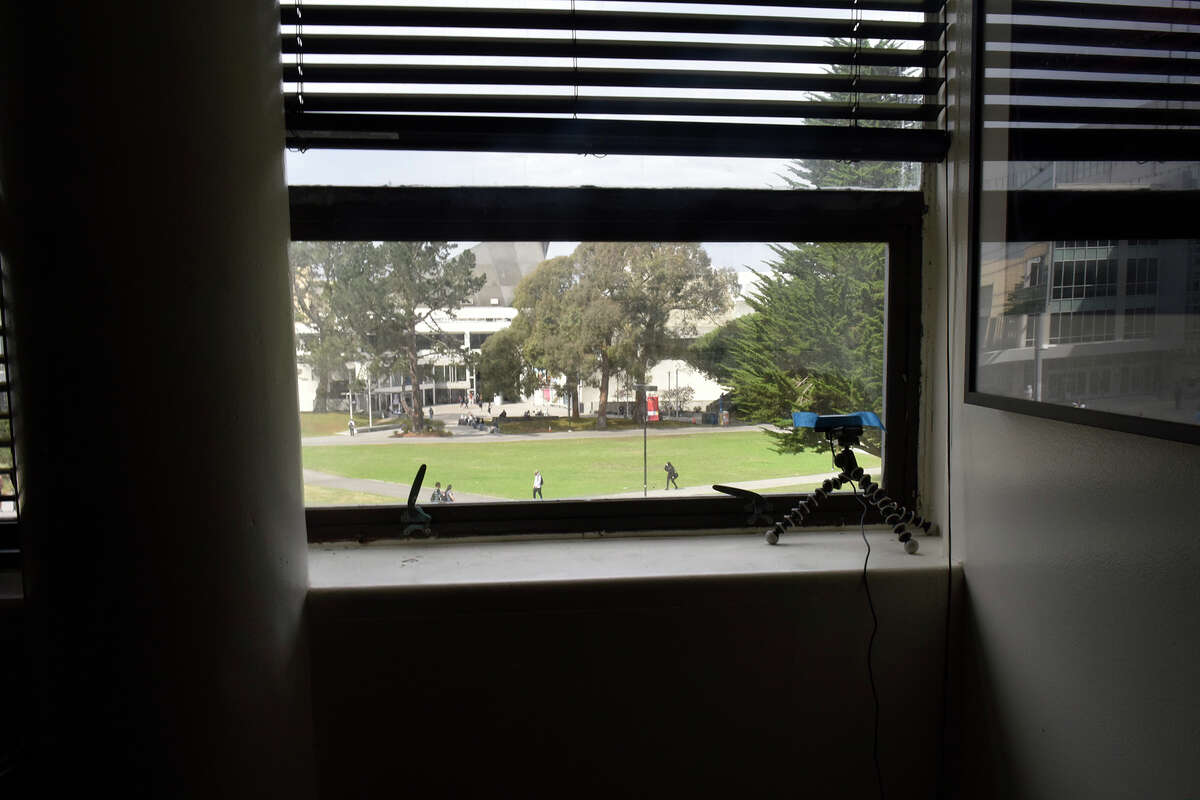 The SF State Fogcam looks out a second story window in the Business building towards the main quad on campus, on Tuesday, Sept. 20, 2022.