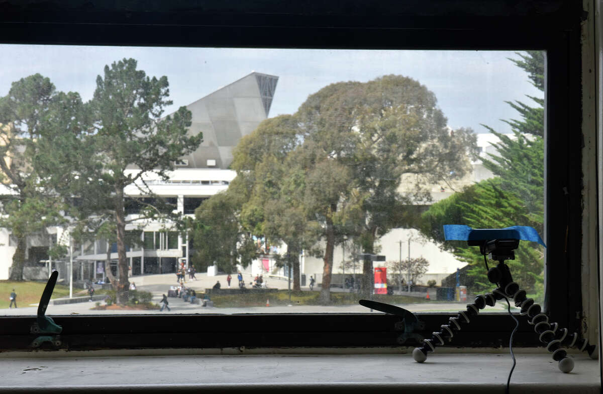 FogCam looks out from a second story window in the business building towards the main quad at San Francisco State University on Tuesday, Sept. 20, 2022.