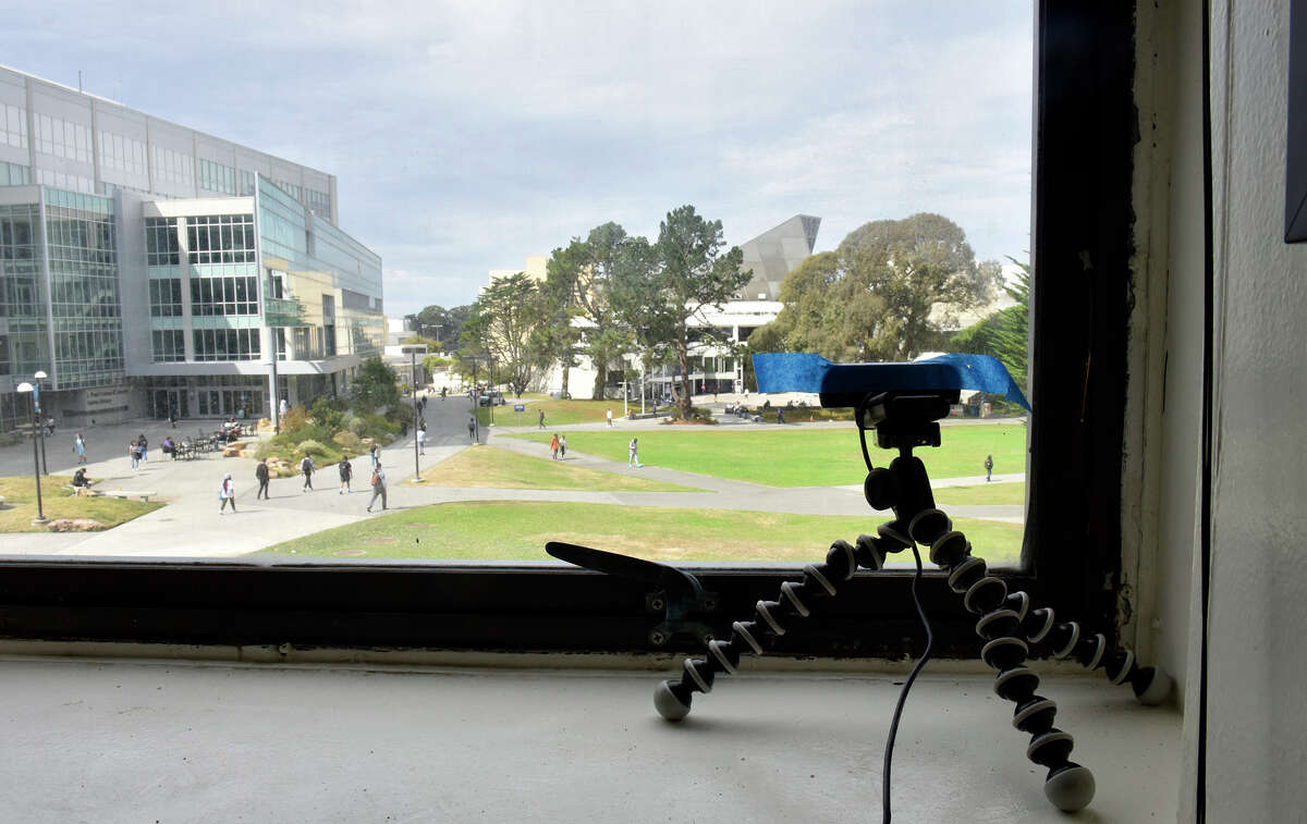 FogCam looks out from a second story window in the business building toward the main quad at San Francisco State University on Tuesday, Sept. 20, 2022.