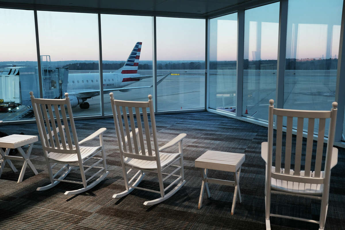 The iconic white rocking chairs that have become a staple of the Charlotte Douglas International Airport in South Carolina.
