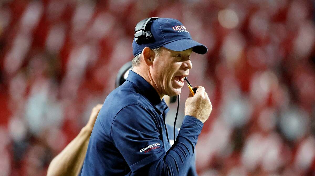 UConn coach Jim Mora  on the sidelines against North Carolina State during the first half  in Raleigh, N.C., Saturday, Sept. 24, 2022.