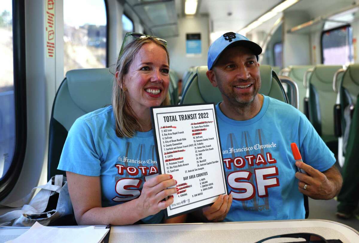 San Francisco Chronicle columnist Heather Knight and culture critic Peter Hartlaub ride the SMART train from Larkspur to Santa Rosa, Calif. Wednesday, September 28, 2022 during their attempt to ride all of the Bay Area's 27 transit agencies in one day.