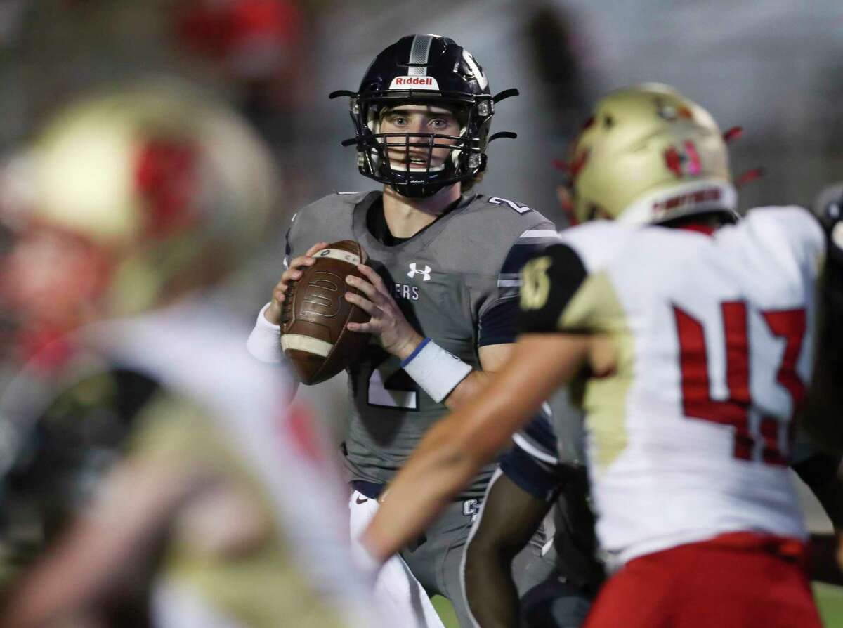 College Park quarterback Conner Dunphy (2) looks to pass in the second quarter of a District 13-6A high school football game at Woodforest Bank Stadium, Thursday, Sept. 29, 2022, in Shenandoah.