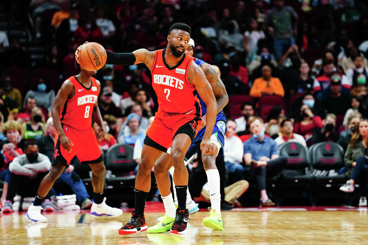 David Nwaba #2 of the Houston Rockets handles the ball during the game against the Minnesota Timberwolves at Toyota Center on January 9, 2022 in Houston, Texas. (Photo by Alex Bierens de Haan/Getty Images)