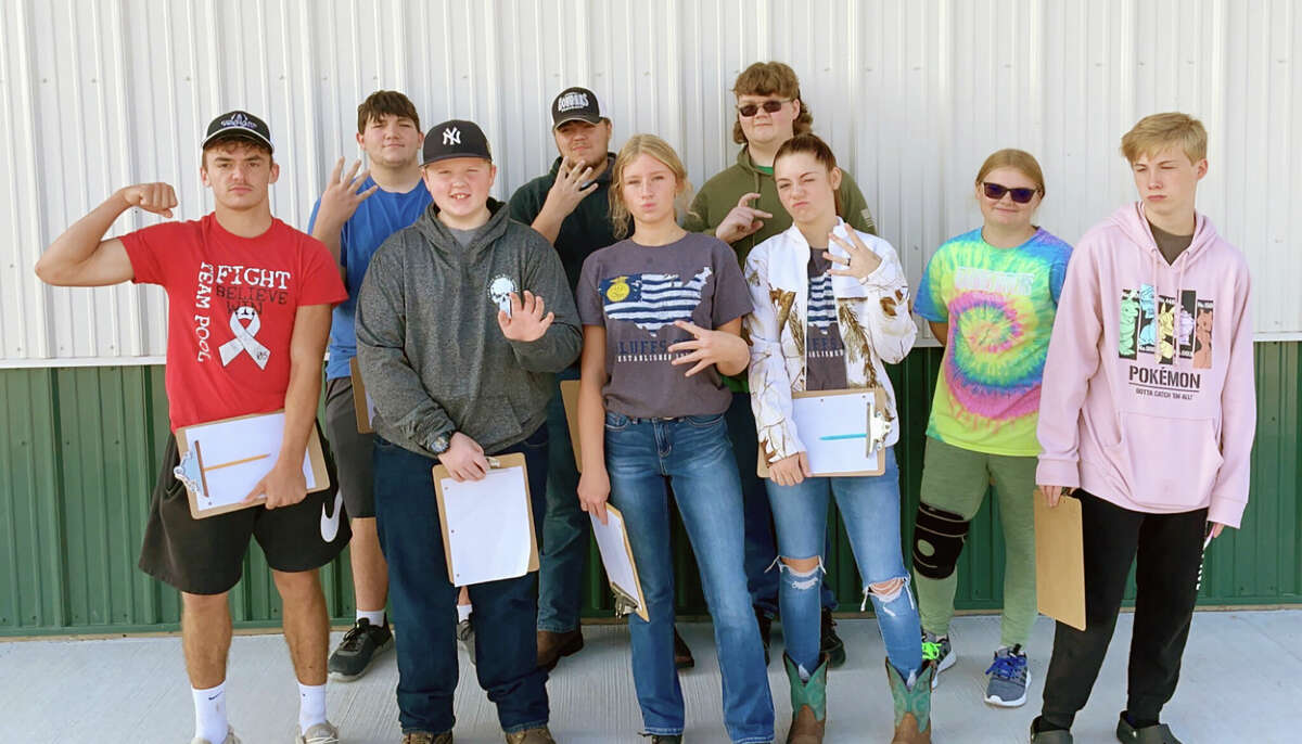 Bluffs FFA had 17 members attend livestock judging Sept. 16 at John Wood Community College in Baylis. They spent the day judging cows, goats, sheep and hogs. Varsity A placed 68th, Greenhand B placed 84th, Varsity B placed 87th, and Greenhand A placed 89th out of 93 teams. Participants included Conner Turner (front row, from left), Hayden Stambaugh, Alexis Surratt, December Mitchell, Tegan Albers, Carter Berry (back row, from left), Matthew Hopkins, Thomas Fearneyhough and Lillian Bangert.