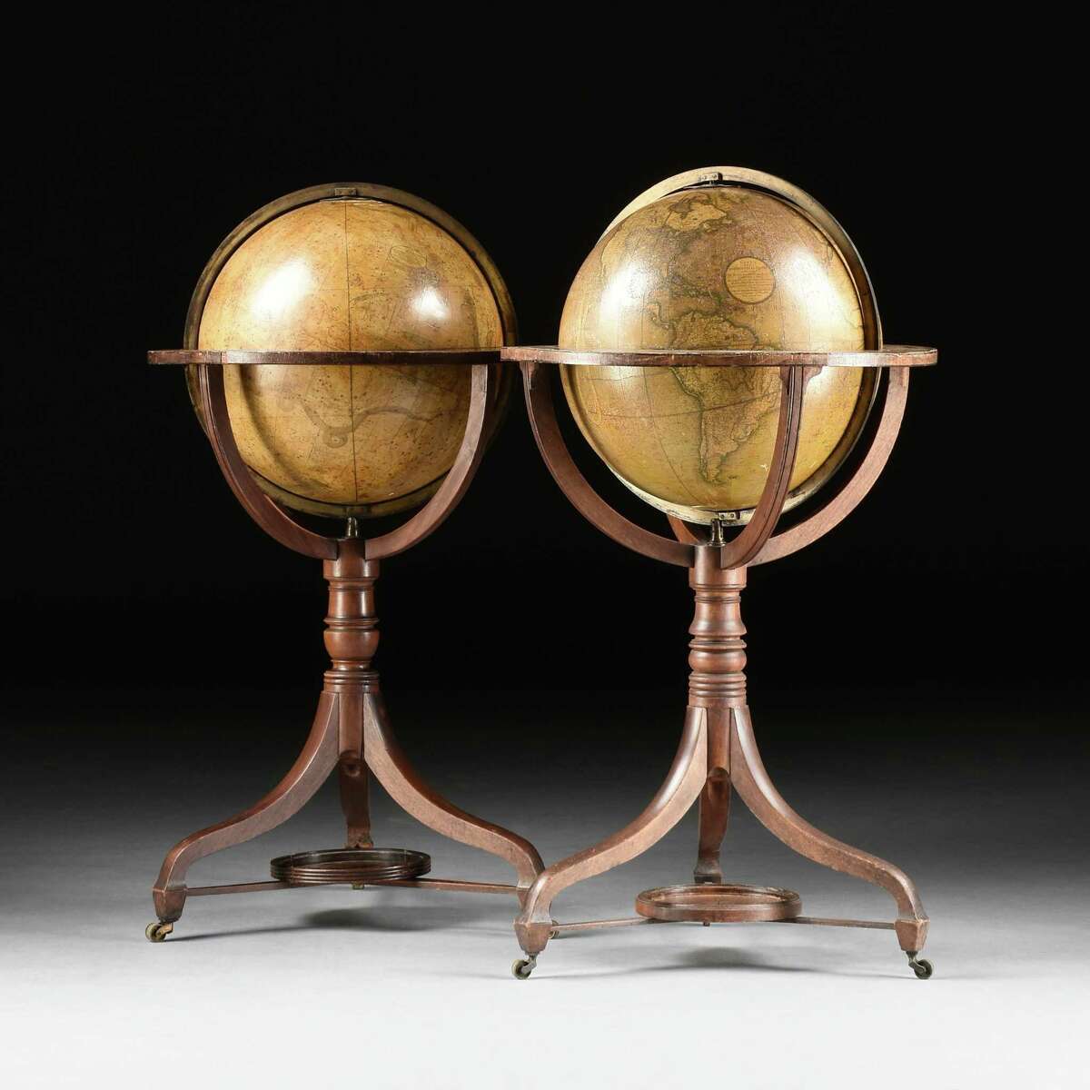 This rare, matched pair of Regency Cary’s New Terrestrial and Celestial, 18-inch globes on stands, made by John and William Cary, Strand, London, 1816, will be part of virtual auction Oct. 1, 2022, by Simpson Galleries. The auction includes several items from the estate of Jesse H. Jones and his wife Mary Gibbs Jones; the items had been given to Houston Endowment, a nonprofit founded by the Joneses.