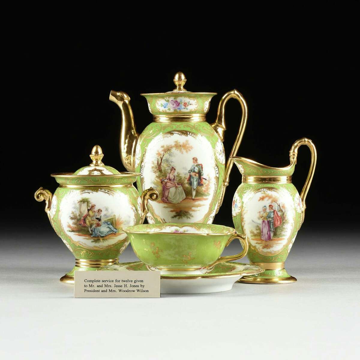 A 27-piece Dresden gilt and green ground porcelain coffee service by Richard Klemm, German, early 20th century, will be part of virtual auction Oct. 1, 2022, by Simpson Galleries. The auction includes several items from the estate of Jesse H. Jones and his wife Mary Gibbs Jones; the items had been given to Houston Endowment, a nonprofit founded by the Joneses.
