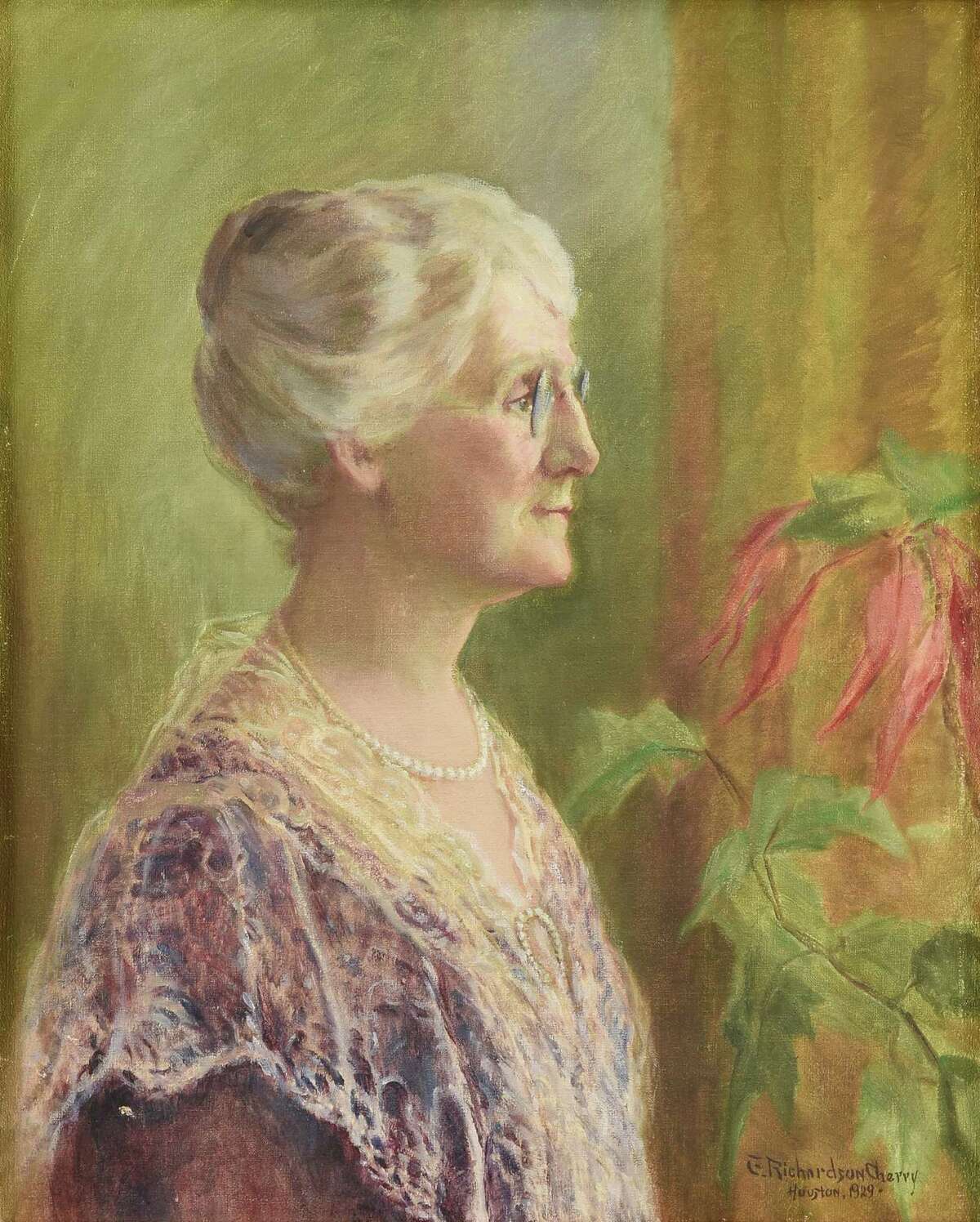 This painting by Emma Richardson Cherry (1859-1954), “Favorite Aunt of Jesse H. Jones, Louisa Woolard Jones,” 1929, will be part of virtual auction Oct. 1, 2022, by Simpson Galleries. The auction includes several items from the estate of Jesse H. Jones and his wife Mary Gibbs Jones; the items had been given to Houston Endowment, a nonprofit founded by the Joneses.