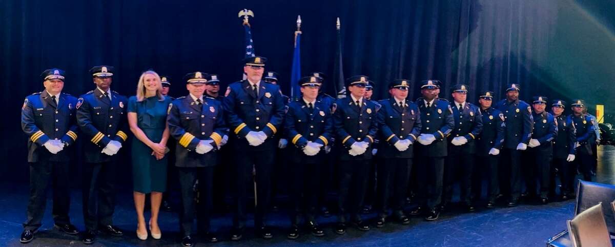 Stamford police promoted eleven officers on Wednesday, Sept. 28, 2022, the most such promotions in a single day in nearly 20 years. 