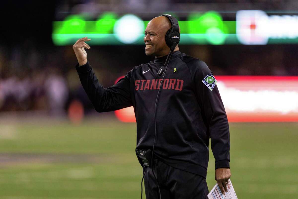Stanford coach David Shaw gestures during the first half of the team's NCAA college football game against Washington, Saturday, Sept. 24, 2022, in Seattle. (AP Photo/Stephen Brashear)