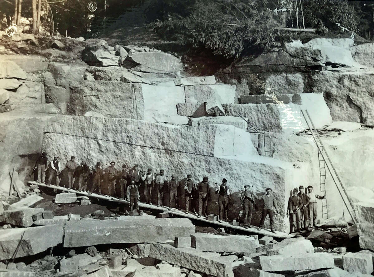 Workers moving block of granite for Battle Monument at West Point from Stony Creek Quarry. Courtesy Unk DaRos.