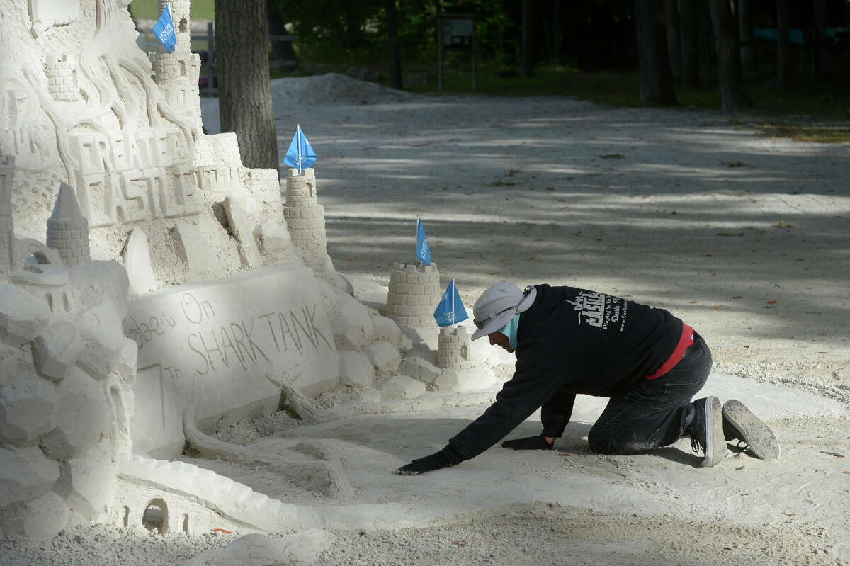Dan Anderson, of Dan in the Sand works a 15-foot sand castle at Lynn Deming Park in New Milford he is building with Kevin Lane, of Create A Castle. They will appear in the October 7th episode of "Shark Tank". Friday, September 30, 2022, New Milford, Conn.
