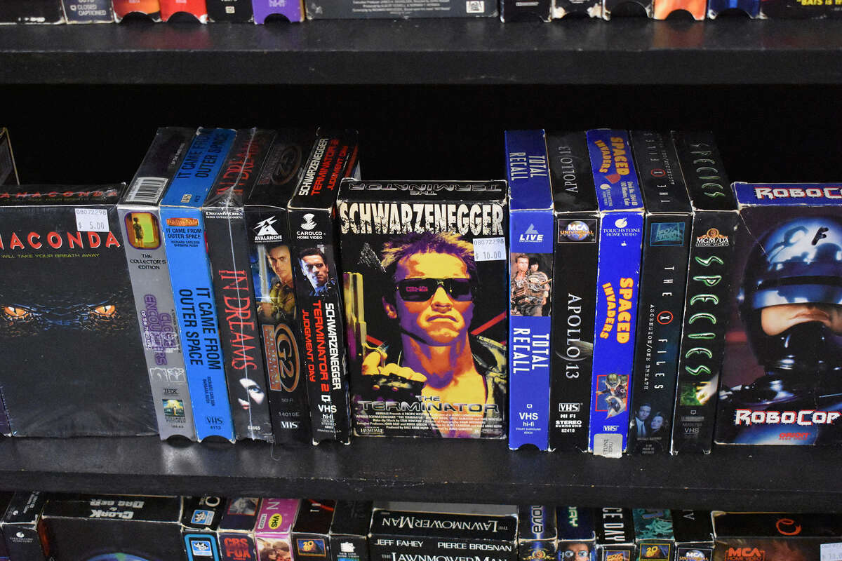 Old VHS tapes of '80s and '90s classics greet visitors to Going Underground Video in Bakersfield, Calif.