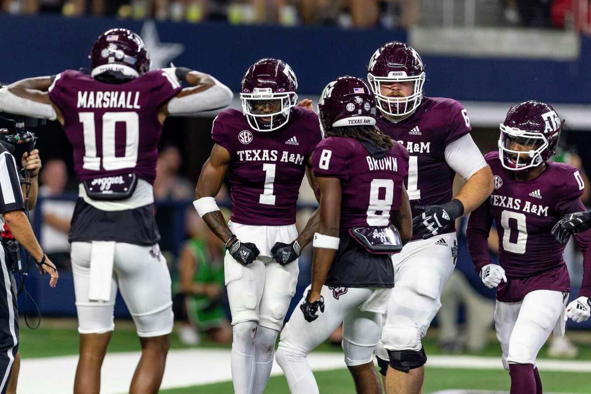 Texas A&M wideout Evan Stewart (1), a fleet-footed five-star recruit, will have to step up with leading receiver Ainias Smith lost for the season to a lower leg injury.