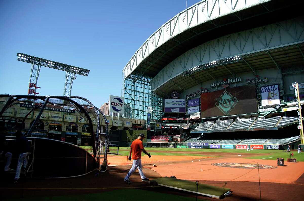 The roof was open during batting practice before the start of an MLB baseball game at Minute Maid Park on Friday, Sept. 30, 2022 in Houston.