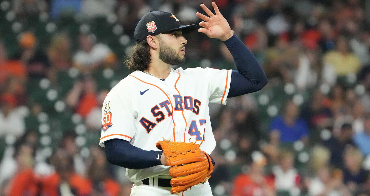 Houston Astros starting pitcher Lance McCullers Jr. (43) reacts after Oakland Athletics Dermis Garcia's RBI single uring the fourth inning of an MLB baseball game at Minute Maid Park on Thursday, Sept. 15, 2022 in Houston.