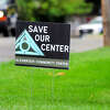 A "Save Our Center" sign at the corner of Poplar Street and Viaduct Road in Stamford, Conn., on Wednesday September 7, 2022.