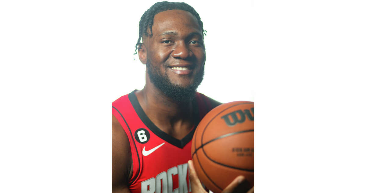 Houston Rockets center Bruno Fernando (20). poses for a photo during Houston Rockets media day at the Toyota Center on Monday, Sept. 26, 2022 in Houston.