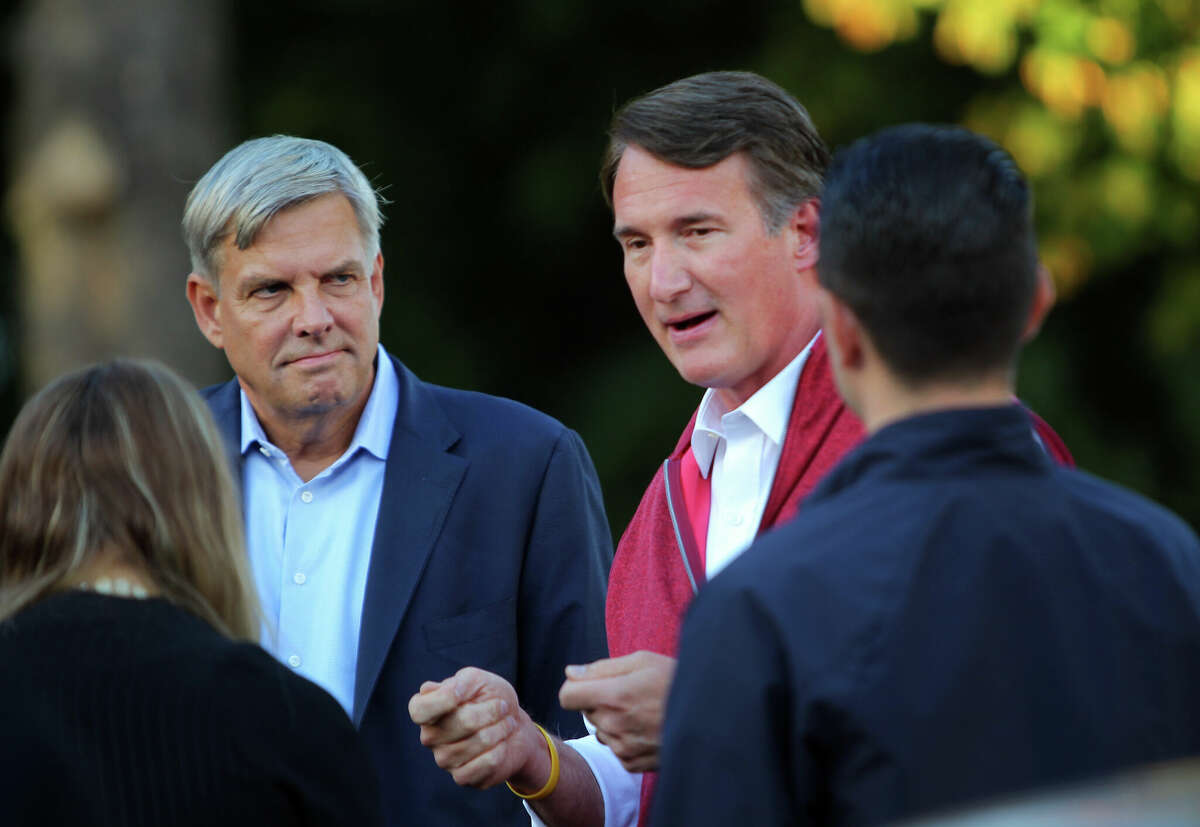 Virginia's Governor Glenn Youngkin, right, talks to the media during a visit with Bob Stefanowski, the Republican candidate for governor, at The Cos Cobber to meet and greet diners in the Cos Cob section of Greenwich, Conn., on Wednesday September 28, 2022. Youngkin made the stop with Stefanowski to drum up support for his campaign.