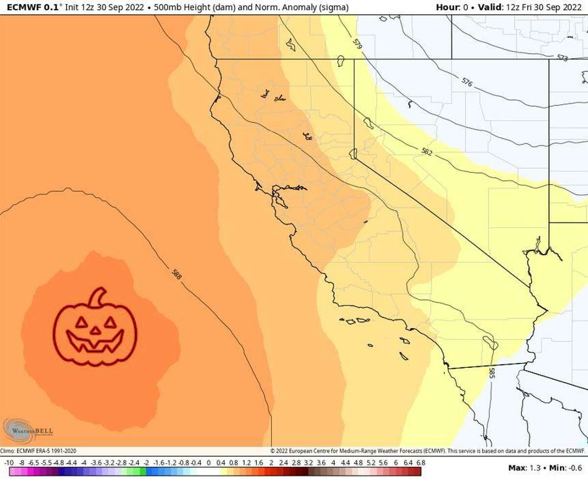 Cool, brittle northwest winds will seep into Northern California as a high pressure off the coast (pumpkin, dark orange) slowly weakens Saturday.
