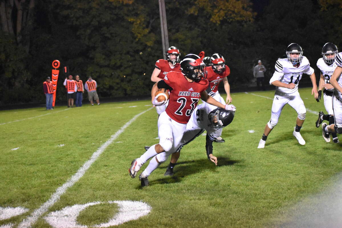 Bryson Hughes returned this kickoff 97 yards en route to a four touchdown performance. Reed City rolled to over 420 yards of offense in their 62-17 win over Newaygo.