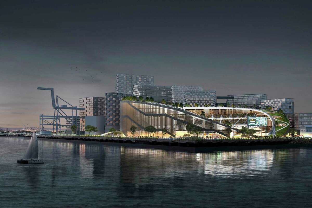 In this artists rendering provided by the Oakland Athletics is a water view of their proposed ballpark at Howard Terminal near Jack London Square in Oakland, Calif. The San Francisco Bay and Development Commission are to vote Thursday, June 30, 2022, on the Oakland Athletics' application to remove Howard Terminal's port designation. A vote in favor would clear the way for designation as a mixed-use development site. (Bjarke Ingels Group/Oakland Athletics via AP)