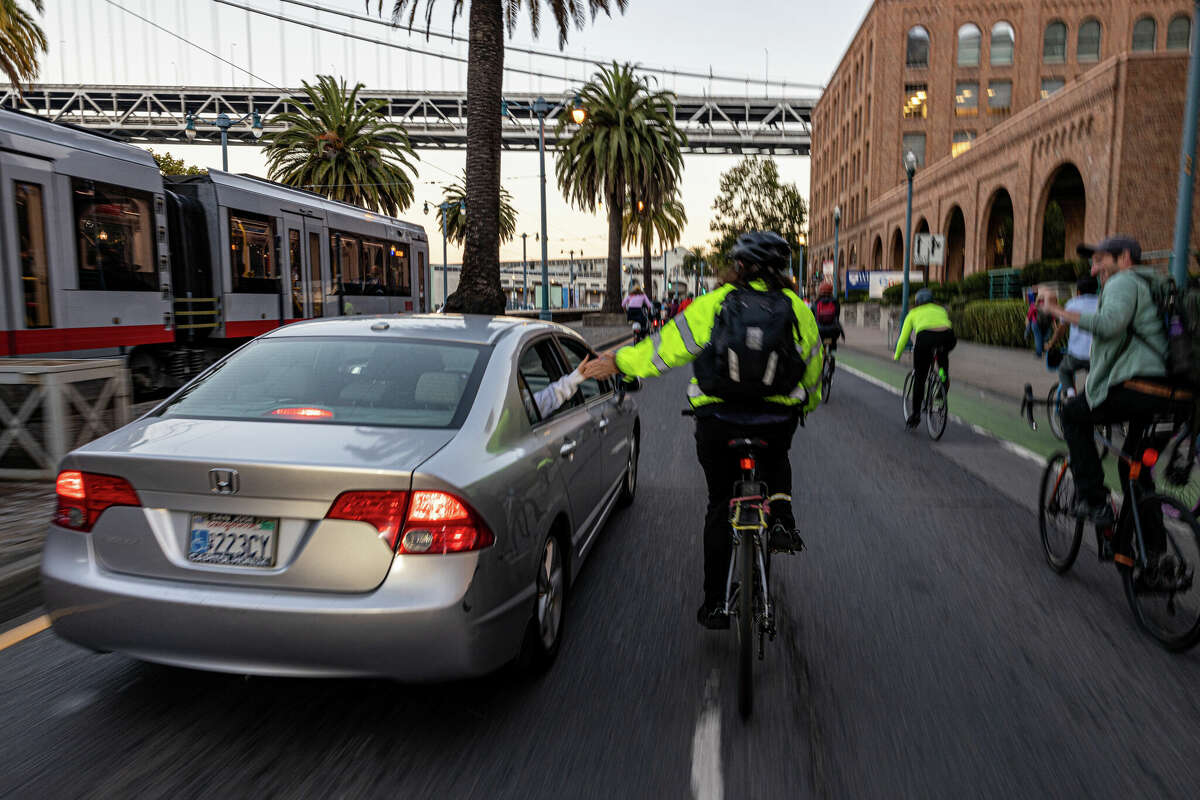 Critical Mass riders on the Embarcadero on September 30, 2022 during the 30th aniverary of the bicycling event.