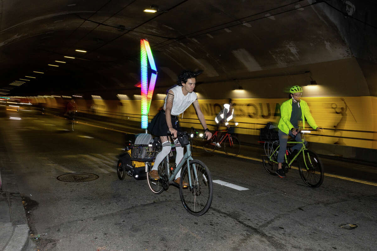 Critical Mass riders in the Stockton Street Tunnel on September 30, 2022.