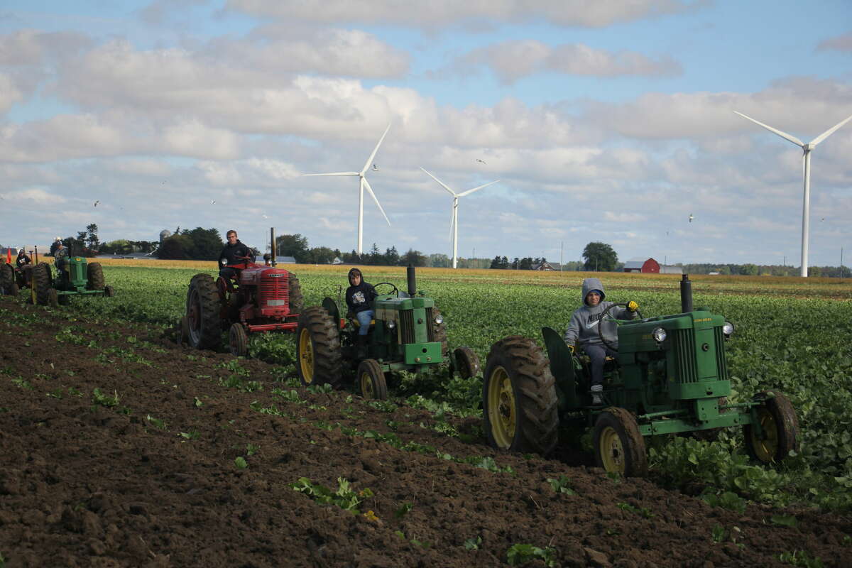 Both young and old drive their family tractors across the field.