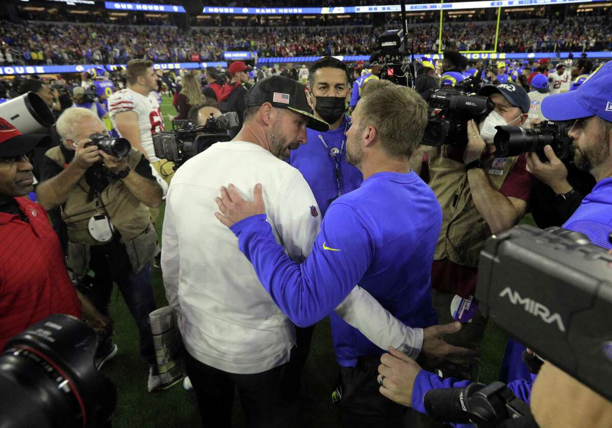 Kyle Shanahan, left, congratulates Sean McVay after the San Francisco 49ers were defeated 20-17 by the Los Angeles Rams in the NFL Championship Game at SoFi Stadium on Jan. 30.