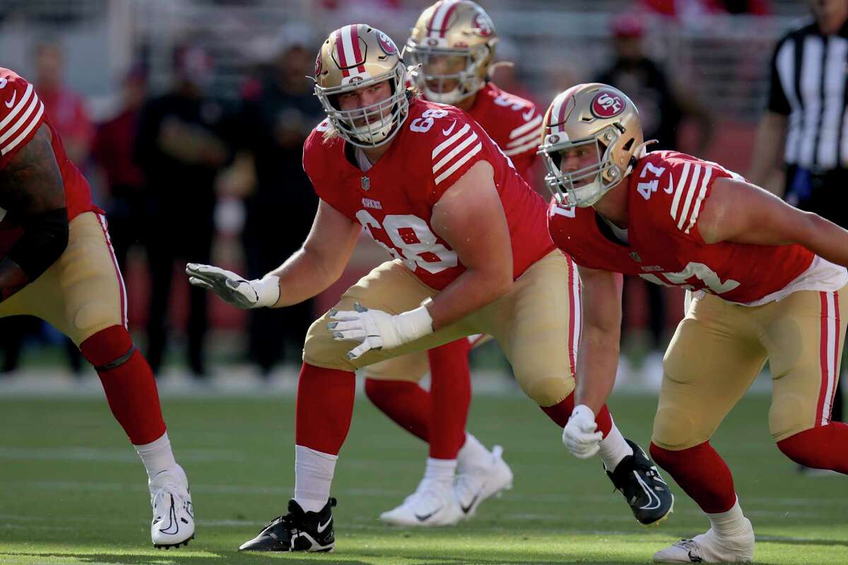 San Francisco 49ers offensive lineman Colton McKivitz (68) blocks during an NFL preseason football game against the Green Bay Packers, Friday, Aug. 12, 2022, in Santa Clara, Calif.