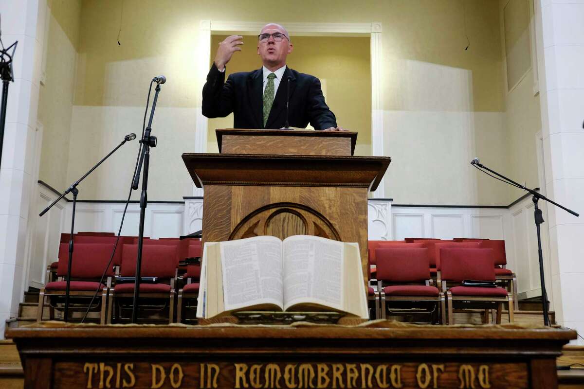 Pastor Bart Barber, president of the Southern Baptist Convention, preaches from the pulpit of the First Baptist Church of Farmersville, Texas, on Sunday, Sept. 25, 2022. For nearly a quarter-century, Barber enjoyed relative obscurity as a pastor in this town of 3,600, about 50 miles northeast of Dallas. That changed in June as delegates to the Southern Baptist Convention’s annual meeting in California, chose Barber to lead the nation’s largest Protestant denomination at a time of major crisis.