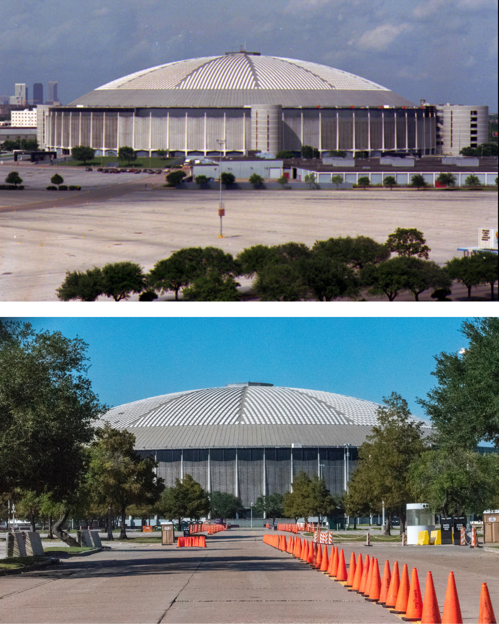 An aerial view of NRG Stadium and Astrodome, Sunday, May 30, 2021, in  Houston. NRG Stadium is the home of the Houston Texans. The Astrodome  served as the home of the Houston