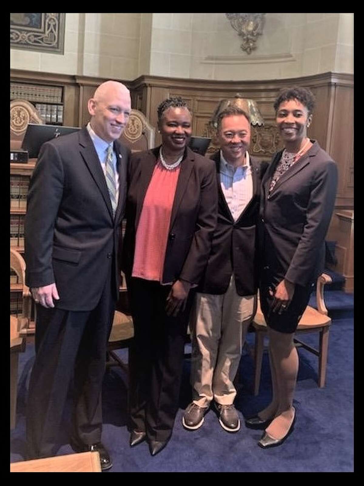 Chief State's Attorney Patrick J. Griffin is pictured here with TaShun Bowden-Lewis, Connecticut’s sixth Chief Public Defender, Connecticut Attorney General William Tong and U.S. Attorney Vanessa Roberts Avery. The photo was taken following the July 14, 2022 swearing-in ceremony for Chief Public Defender Bowden-Lewis at the Connecticut Supreme Court in Hartford. 