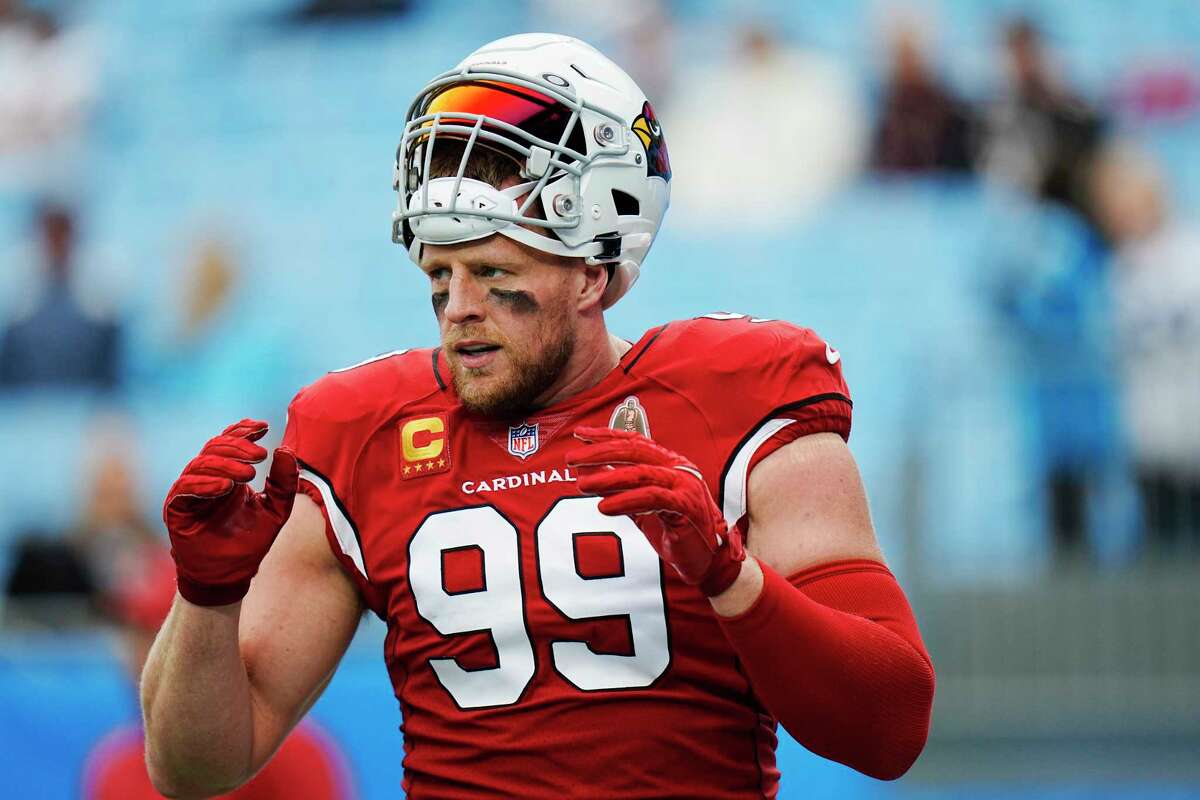 Arizona Cardinals defensive end J.J. Watt watches during warm ups before an NFL football game against the Carolina Panthers on Sunday, Oct. 2, 2022, in Charlotte, N.C. (AP Photo/Rusty Jones)