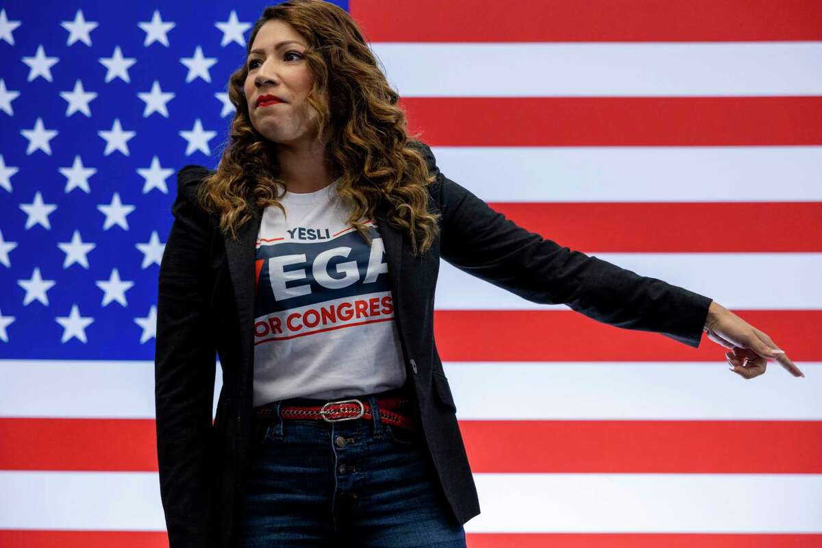 Yesli Vega, a member of the Prince William Board of County Supervisors and Abigail Spanberger's opponent, speaks at a rally in Triangle, Va., on Sept. 24.