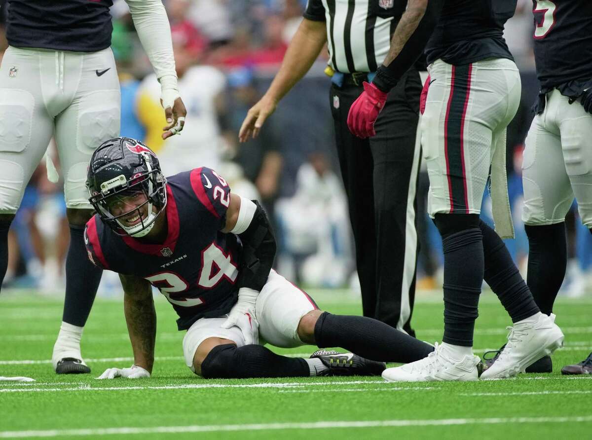 Houston Texans cornerback Derek Stingley Jr. (24) appears to be in pain after a play during the fourth quarter of the NFL game against the Los Angeles Chargers Sunday, Oct. 2, 2022, at NRG Stadium in Houston. Houston Texans lost to Los Angeles Chargers 34-24.