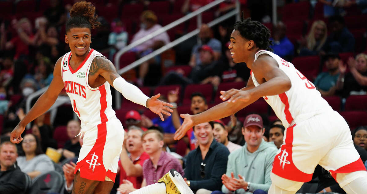 Jalen Green (left), Josh Christopher and the Rockets had plenty to be happy about during their preseason-opening romp over the Spurs on Sunday at Toyota Center.